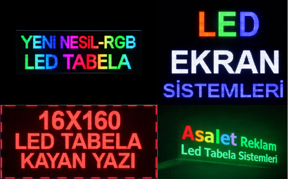 Asalet Reklam’ın yeni nesil RGB led tabela, kayan yazılı led tabela ve led ekran sistemlerini bir arada gösteren tanıtım görseli.